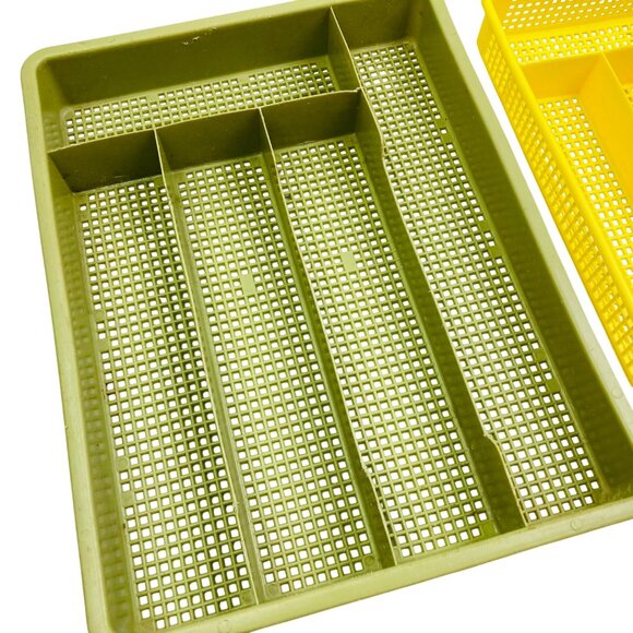 Vtg Green & Yellow Divided Plastic Mesh Silverware Drawer Organizer Tray MCM 70s - Picture 2 of 9